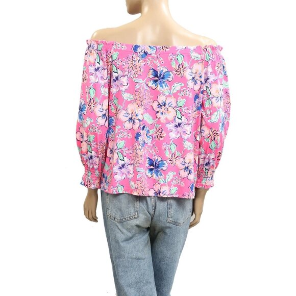 Lilly Pulitzer Lessa Blouse Top Off The Shoulder Smocked Floral Printed L 282319 - Picture 5 of 7